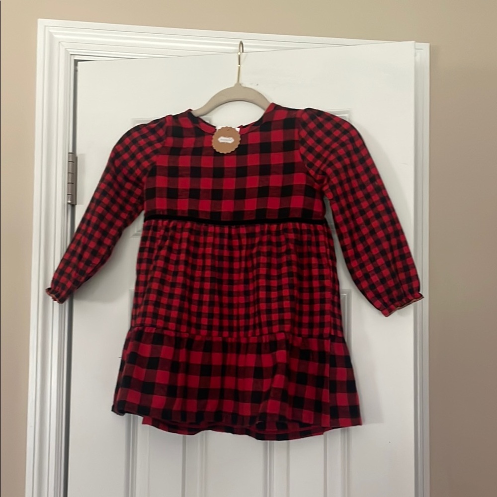 NWT Mud Pie Red and Black Plaid  Flannel Dress and black velvet headband size 4T